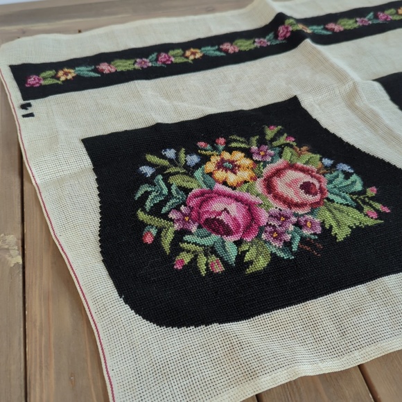 Vtg 50s 60s Needlepoint Embroidered Purse Bag Panels Floral Roses Black Linen - Picture 2 of 9